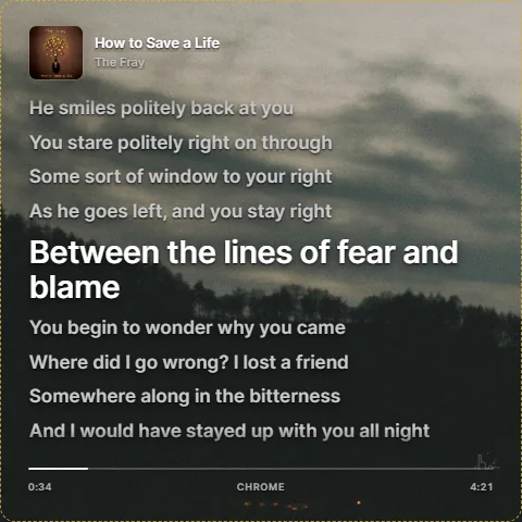 Actual Hum square overlay with track information, synchronized lyric context, and a bottom progress bar